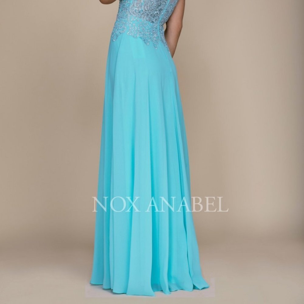NEW AQUA COLOR  Illusion Scoop Neck A-Line Prom Dress NXY100 - Picture 3 of 5